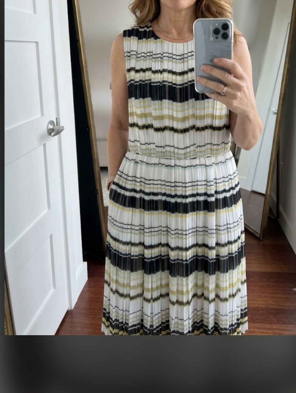 See By Chloé Sleeveless Pleated Stripe Midi Dress in White, Black & Olive